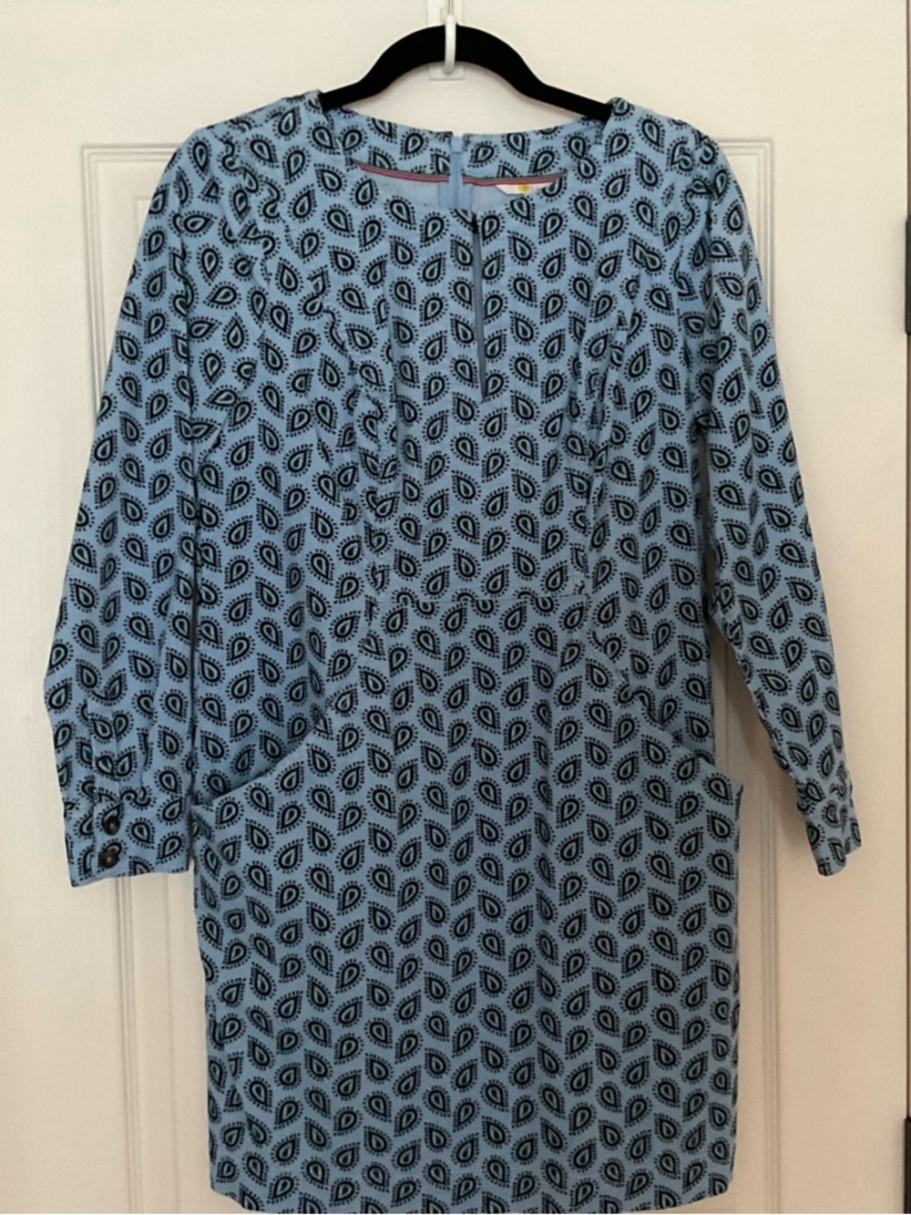 Boden Corderoy Light Blue Paisley Long Sleeve Shift Dress